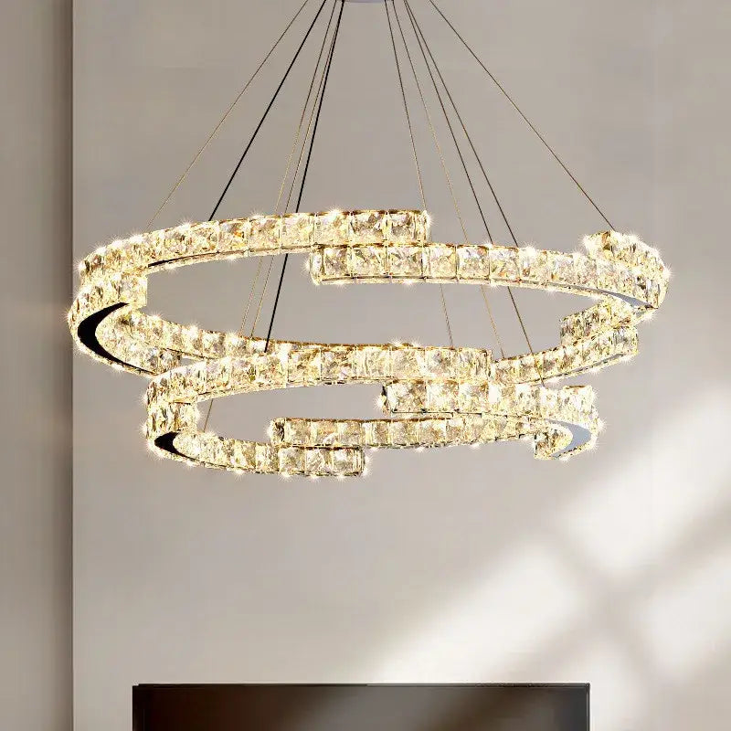 Modern chrome crystal led pendant lights dining room double ring fixtures