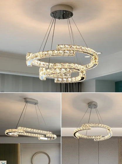 Modern chrome crystal led pendant lights dining room double ring fixtures