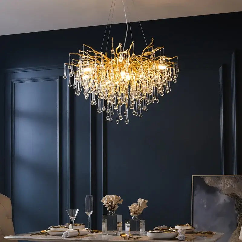 Modern chrome crystal water drop branch chandelier living room light