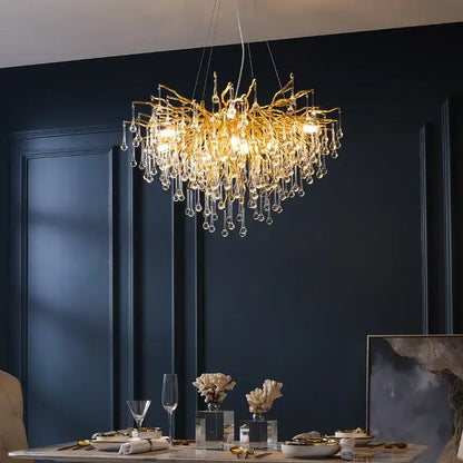 Modern chrome crystal water drop branch chandelier living room light