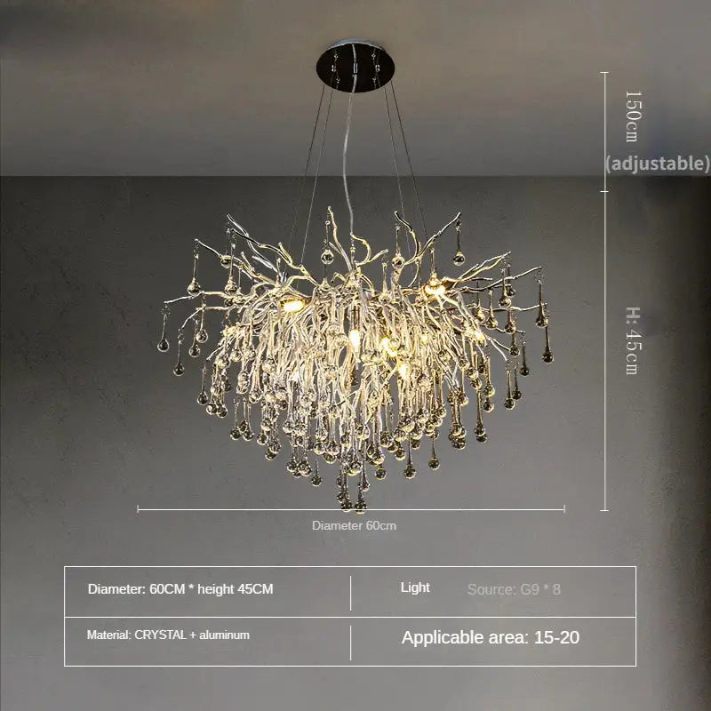 Modern chrome crystal water drop branch chandelier living room light