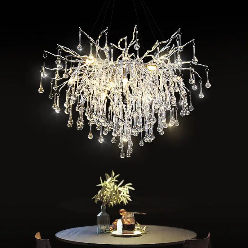 Modern chrome crystal water drop branch chandelier living room light
