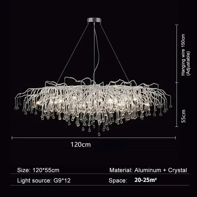 Modern chrome crystal water drop branch chandelier living room light