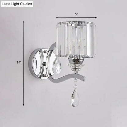 Modern chrome cylinder wall light with crystal block bedroom sconce