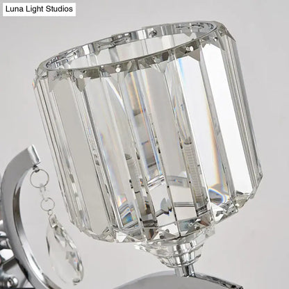 Modern chrome cylinder wall light with crystal block bedroom sconce