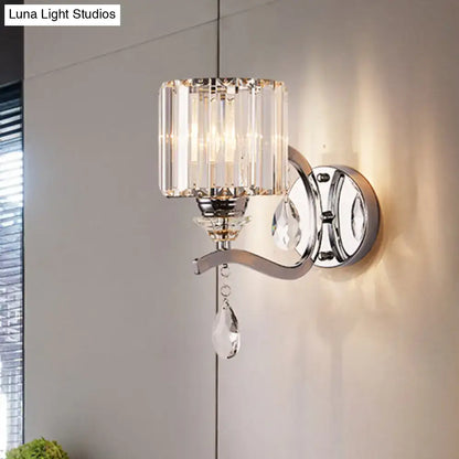 Modern chrome cylinder wall light with crystal block bedroom sconce