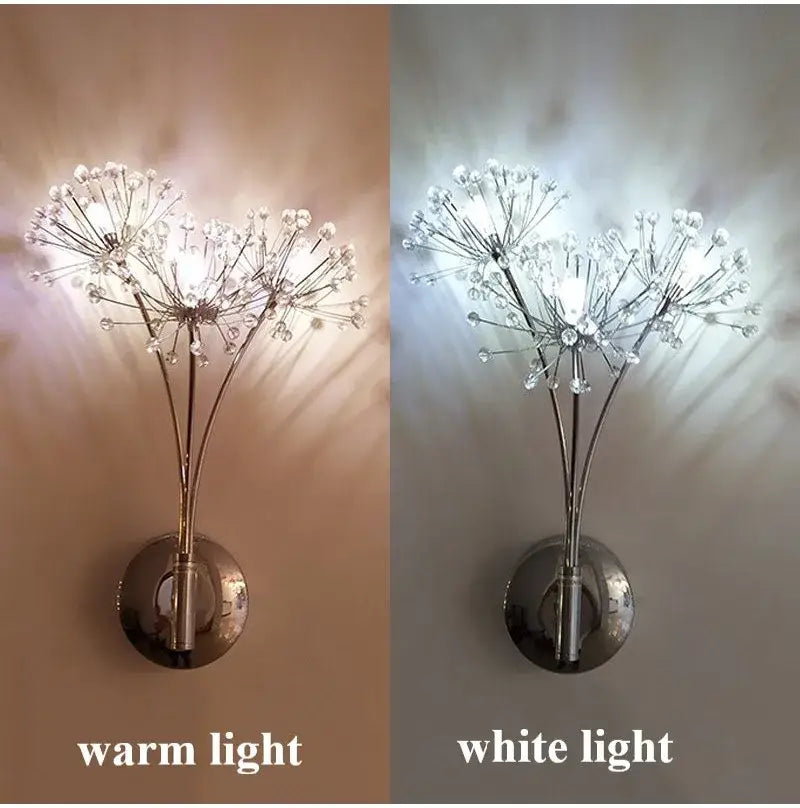 Modern chrome dandelion crystal flower wall lamp bedroom sconce