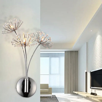 Modern chrome dandelion crystal flower wall lamp bedroom sconce