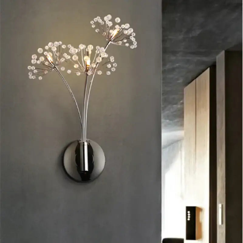 Modern chrome dandelion crystal flower wall lamp bedroom sconce