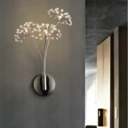 Modern chrome dandelion crystal flower wall lamp bedroom sconce