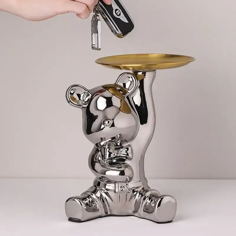 Modern chrome bear doll storage tray living room key holder