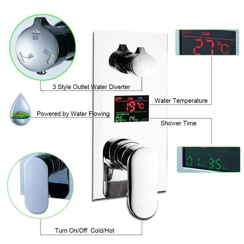 Modern chrome digital triple mixer valve bathroom shower set