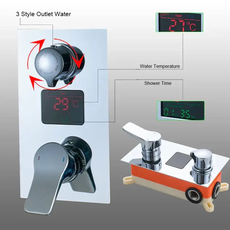 Modern chrome digital triple mixer valve bathroom shower set