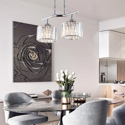 DecorBites™ Modern Chrome Drum Crystal Pendant Light for Dining Room Island – 2/3 Bulbs Hanging from Ceiling