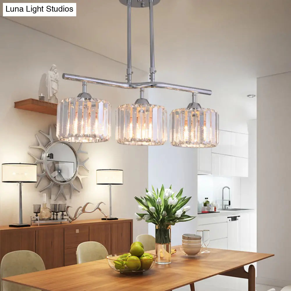DecorBites™ Modern Chrome Drum Crystal Pendant Light for Dining Room Island – 2/3 Bulbs Hanging from Ceiling