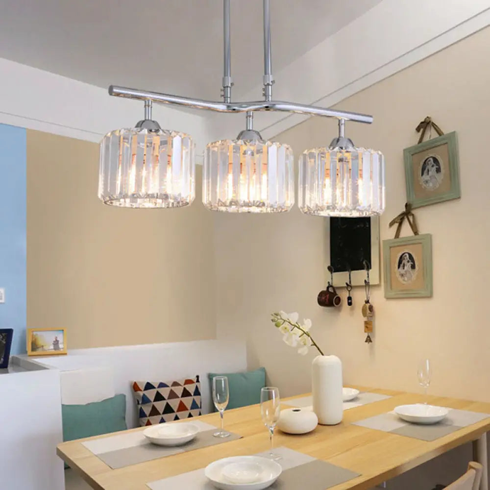 DecorBites™ Modern Chrome Drum Crystal Pendant Light for Dining Room Island – 2/3 Bulbs Hanging from Ceiling