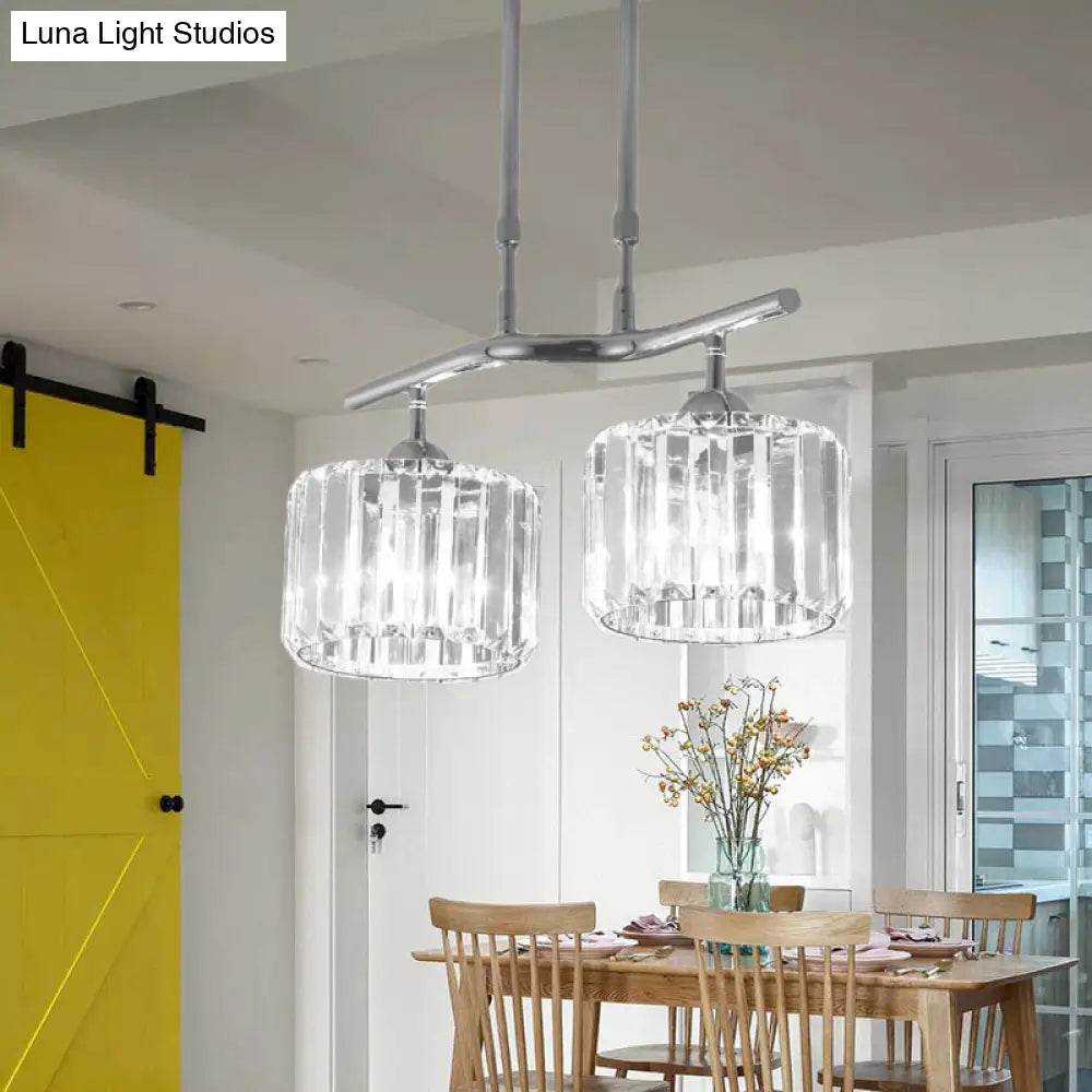 DecorBites™ Modern Chrome Drum Crystal Pendant Light for Dining Room Island – 2/3 Bulbs Hanging from Ceiling