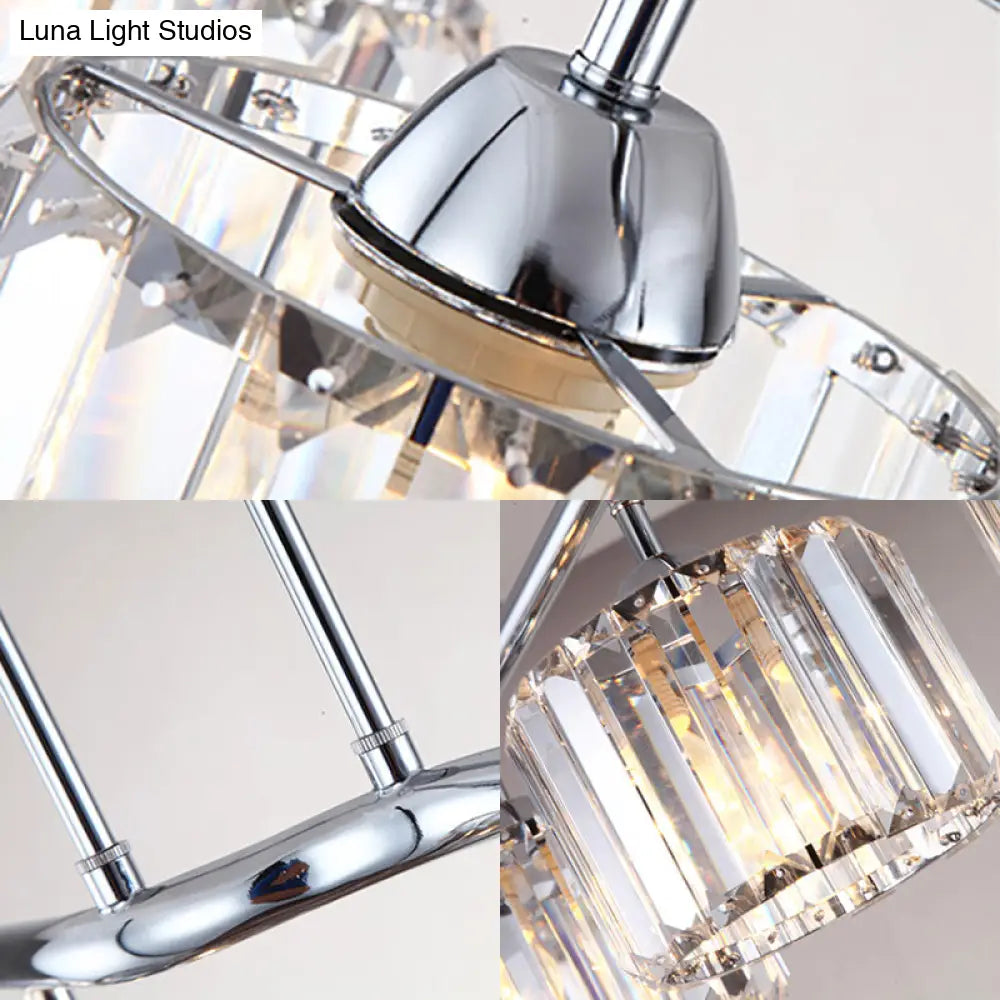 DecorBites™ Modern Chrome Drum Crystal Pendant Light for Dining Room Island – 2/3 Bulbs Hanging from Ceiling