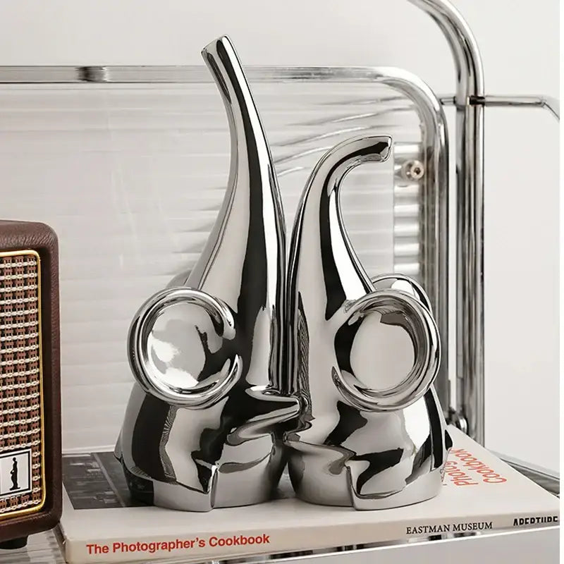 Modern chrome elephant sculpture ceramic bookends living room decor