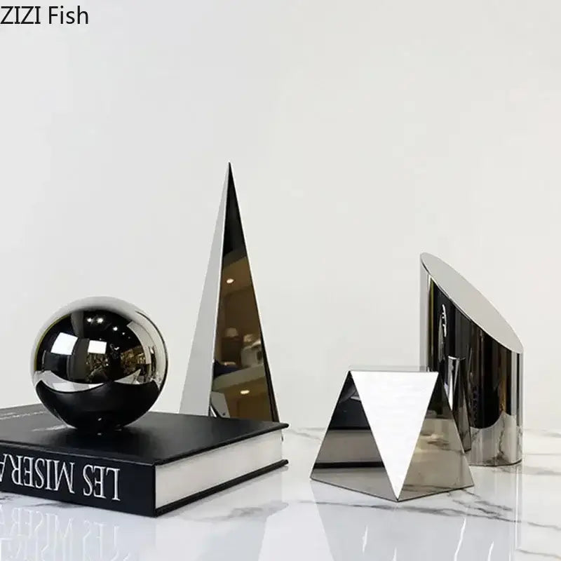 Modern chrome geometric crystal artwork polyhedron bookends living room