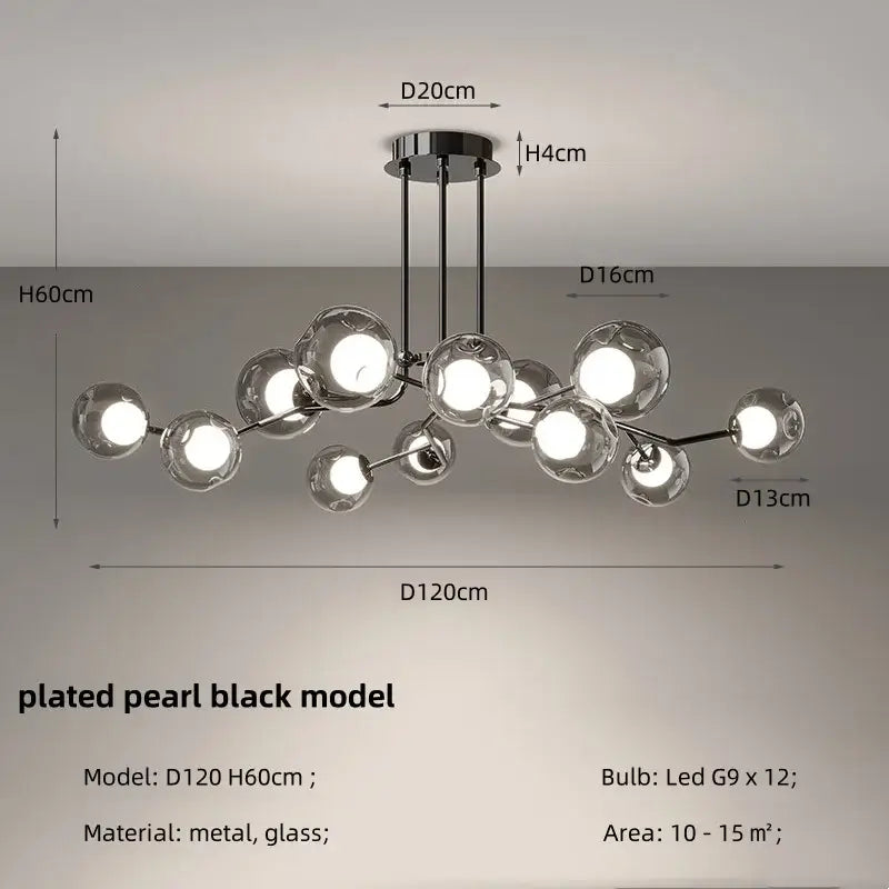 Modern chrome glass globe chandelier – dining room branching light