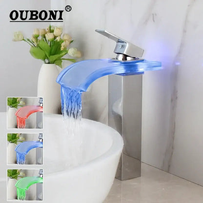 Modern chrome led waterfall basin mixer bathroom sink tap