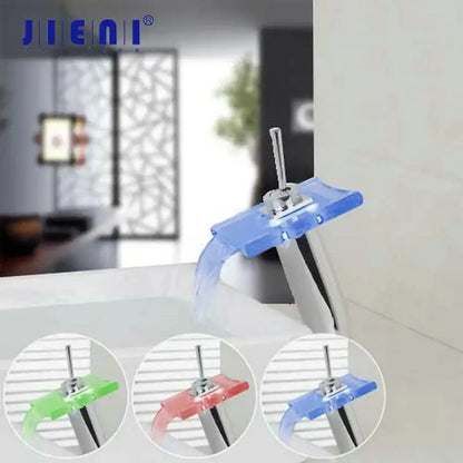Modern chrome led waterfall glass basin mixer faucet bathroom