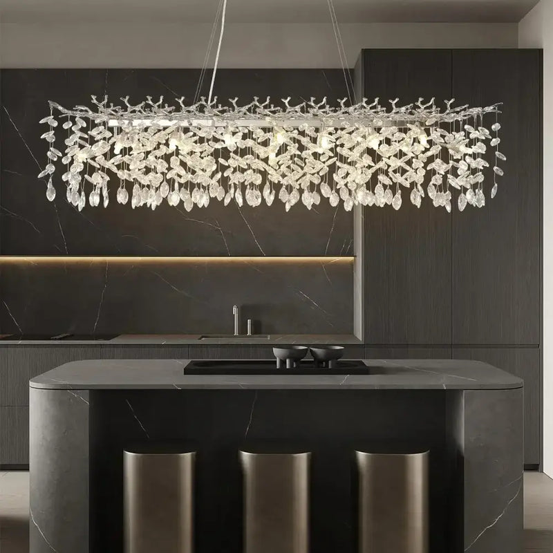 Modern chrome rectangular crystal branch chandelier dining room