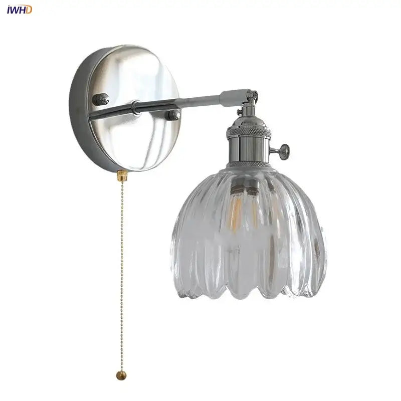 Modern chrome ribbed clear glass wall lamp bedroom pull chain light