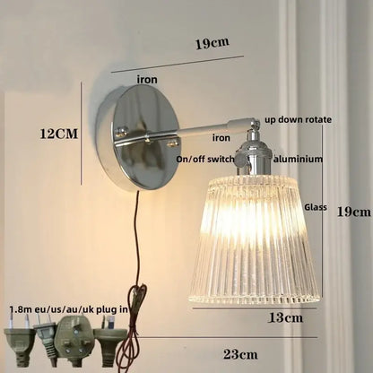 Modern chrome ribbed clear glass wall lamp bedroom pull chain light