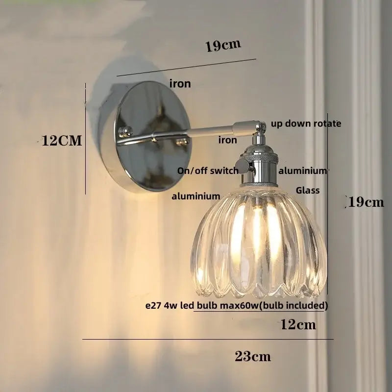 Modern chrome ribbed clear glass wall lamp bedroom pull chain light