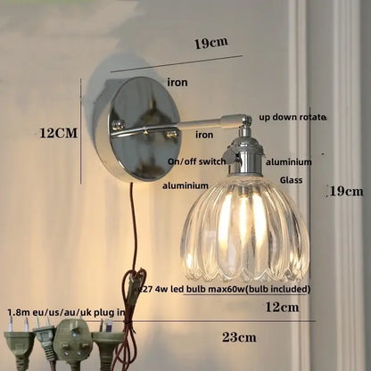 Modern chrome ribbed clear glass wall lamp bedroom pull chain light