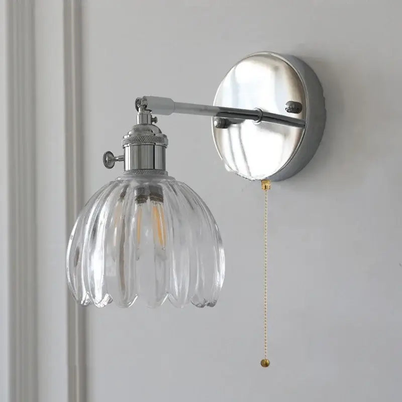 Modern chrome ribbed clear glass wall lamp bedroom pull chain light