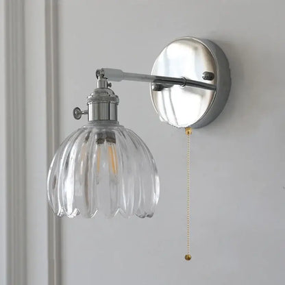 Modern chrome ribbed clear glass wall lamp bedroom pull chain light