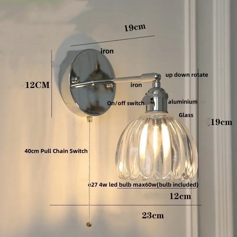 Modern chrome ribbed clear glass wall lamp bedroom pull chain light