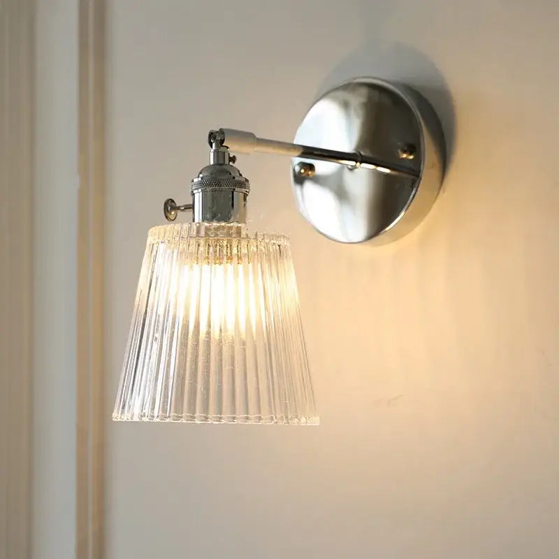 Modern chrome ribbed clear glass wall lamp bedroom pull chain light