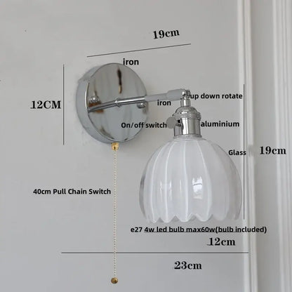 Modern chrome ribbed clear glass wall lamp bedroom pull chain light