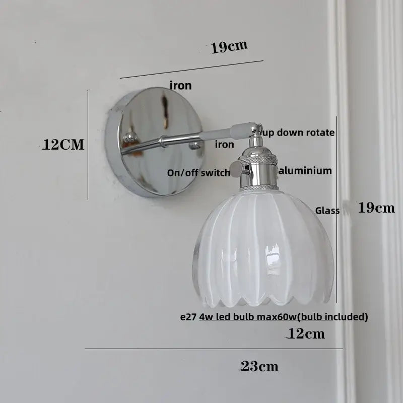 Modern chrome ribbed clear glass wall lamp bedroom pull chain light