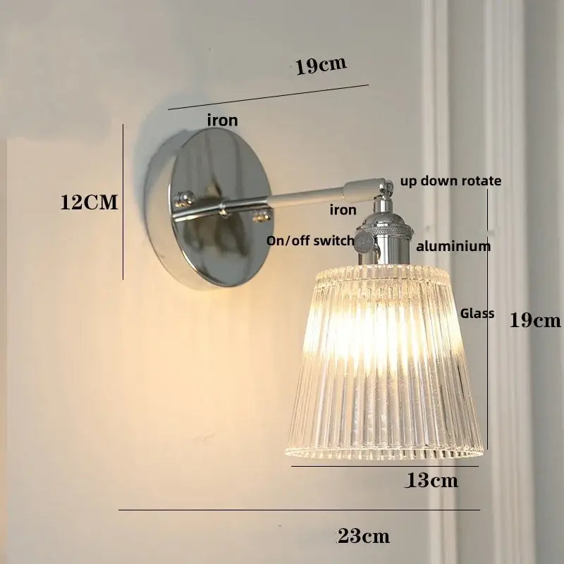 Modern chrome ribbed clear glass wall lamp bedroom pull chain light