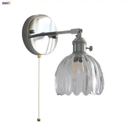 Modern chrome ribbed clear glass wall lamp dining room pull chain