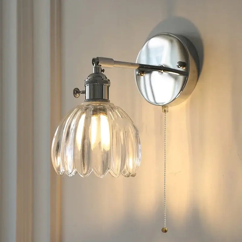 Modern chrome ribbed clear glass wall lamp dining room pull chain