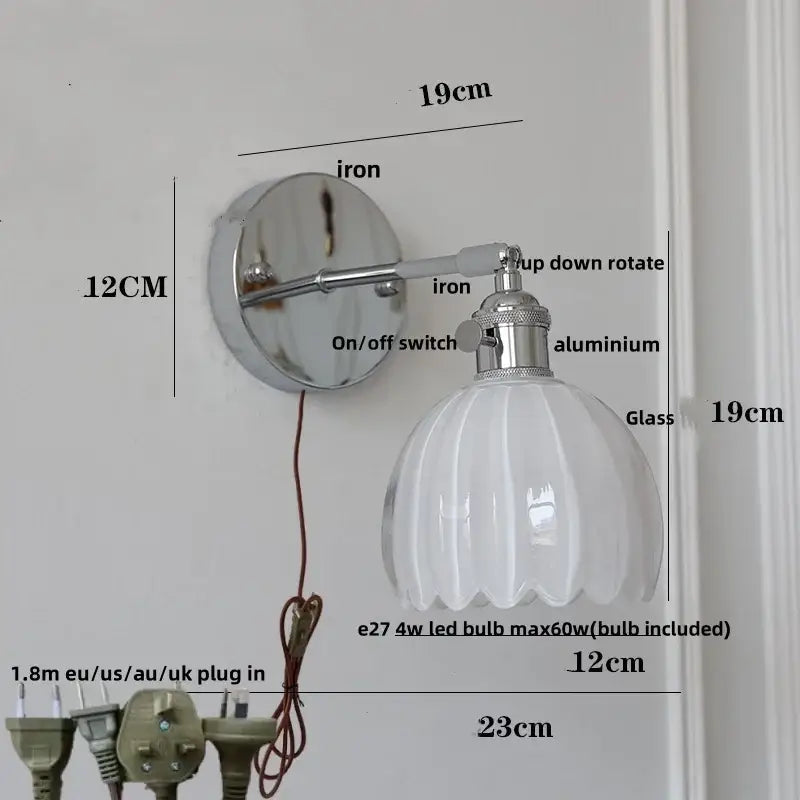 Modern chrome ribbed clear glass wall lamp dining room pull chain
