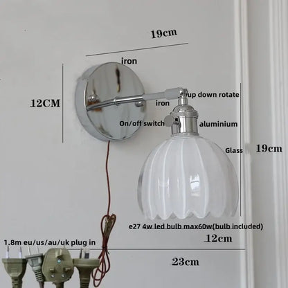 Modern chrome ribbed clear glass wall lamp dining room pull chain