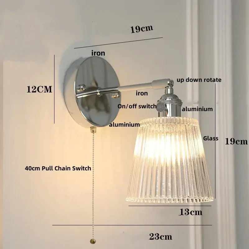 Modern chrome ribbed clear glass wall lamp dining room pull chain