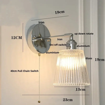 Modern chrome ribbed clear glass wall lamp dining room pull chain