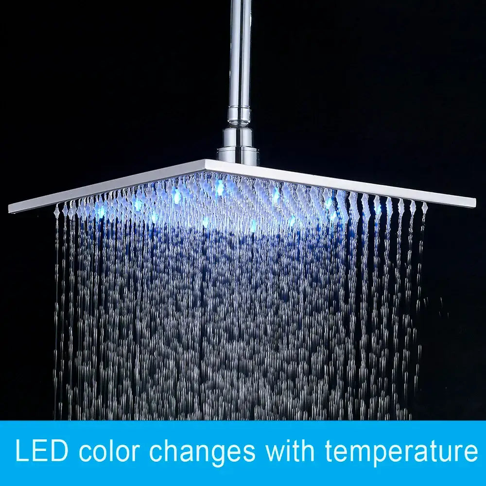 Modern chrome square led rainfall shower head bathroom light