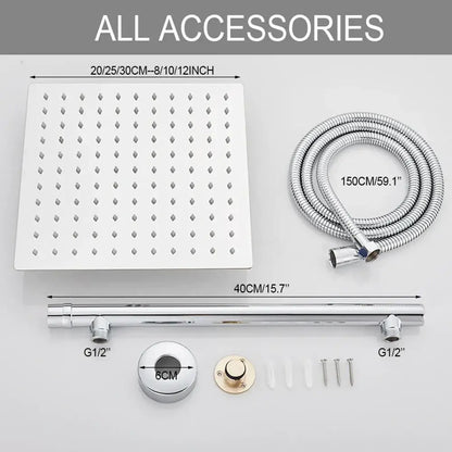 Modern chrome square rainfall shower head set bathroom adjustable height
