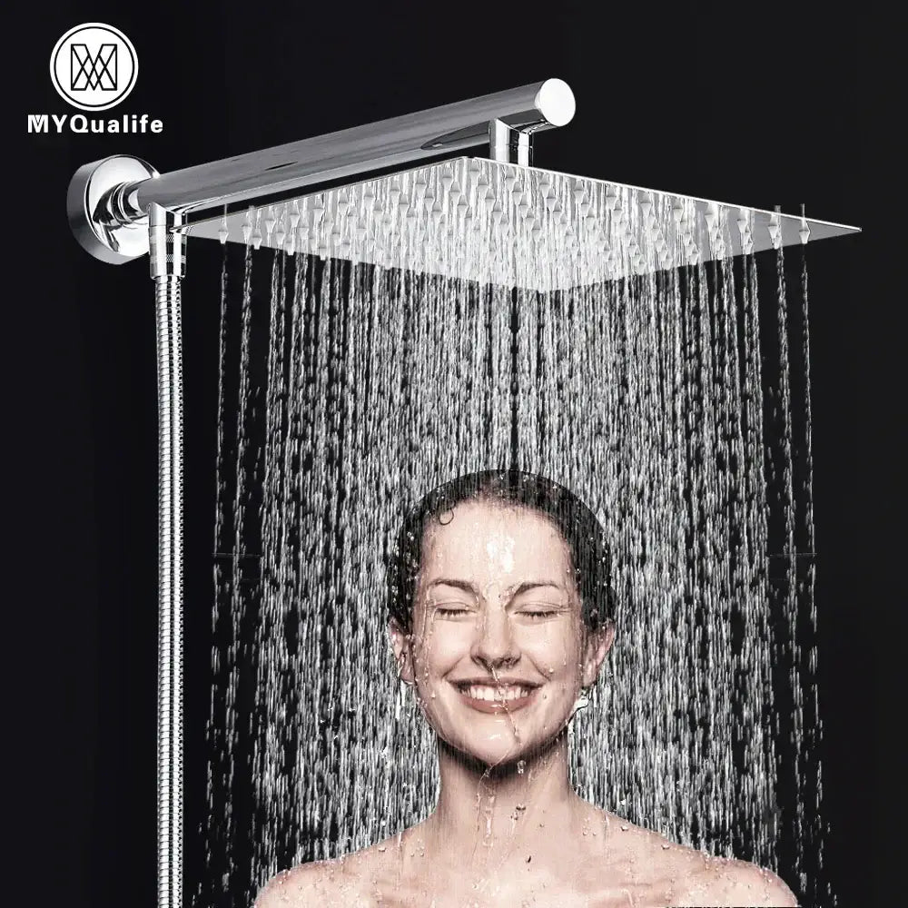Modern chrome square rainfall shower head set bathroom adjustable height