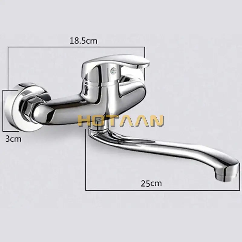 Modern chrome wall mounted kitchen tap with curved spout
