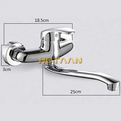 Modern chrome wall mounted kitchen tap with curved spout